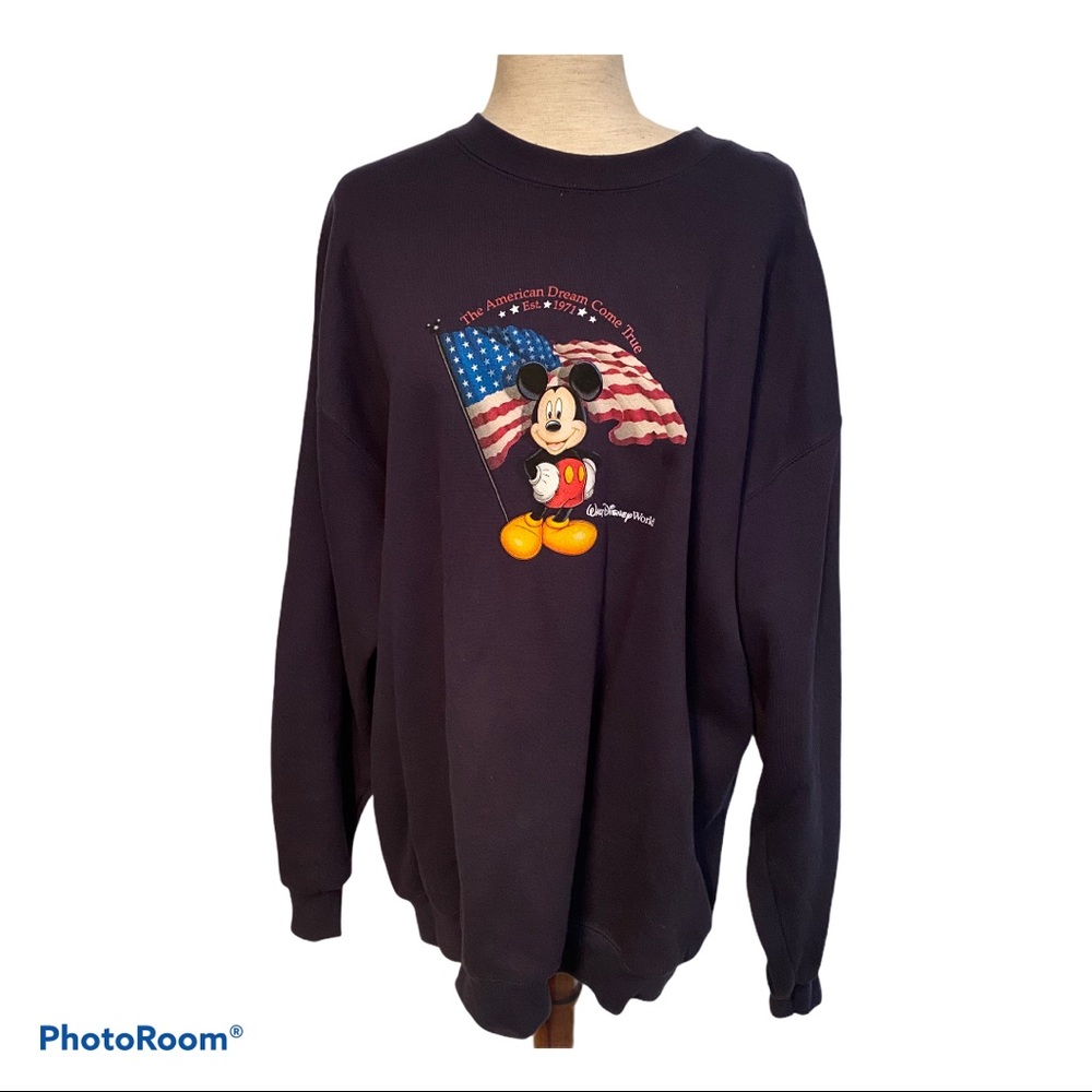 WALT DISNEY WORLD TOP SWEATSHIRT NAVY BLUE MICKEY MOUSE FLAG SIZE XL